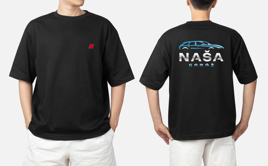 Tričko naša garáž červený obdĺžnik vpredu originálne logo vzadu